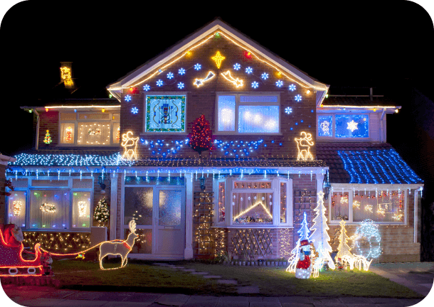 Large Christmas lighting display covering the front of a house